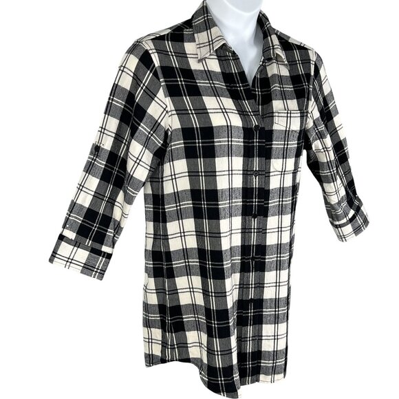 Theory Women 10 Black White Tartan Plaid Button Up Tunic Shirt Virgin Wool Blend - Picture 4 of 15